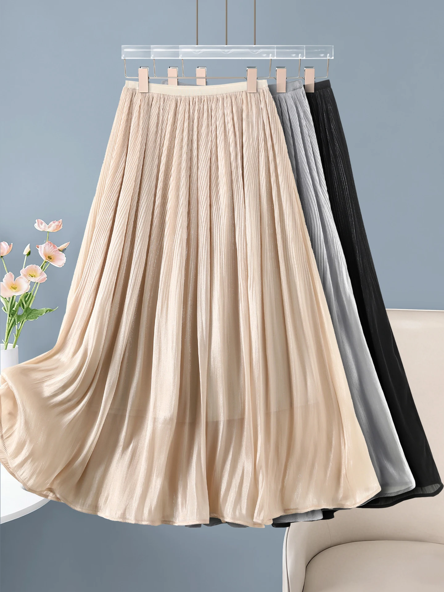 

High Waist Pleated Skirt Women's Summer Thin Elastic A-Line Long Skirt Elegant Hip Covering Umbrella Skirt Korean Style Casual