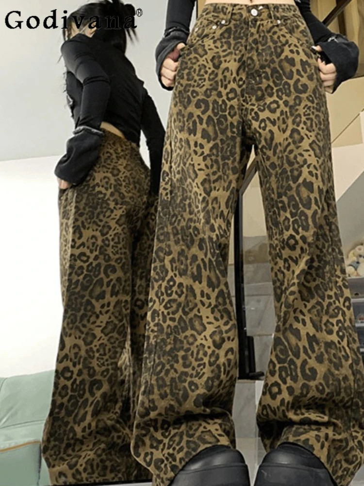 

Large Size Personalized Street Spring Autumn New Fashion Leopard Print Jeans Girl High Waist Leisure Versatile Straight Pants