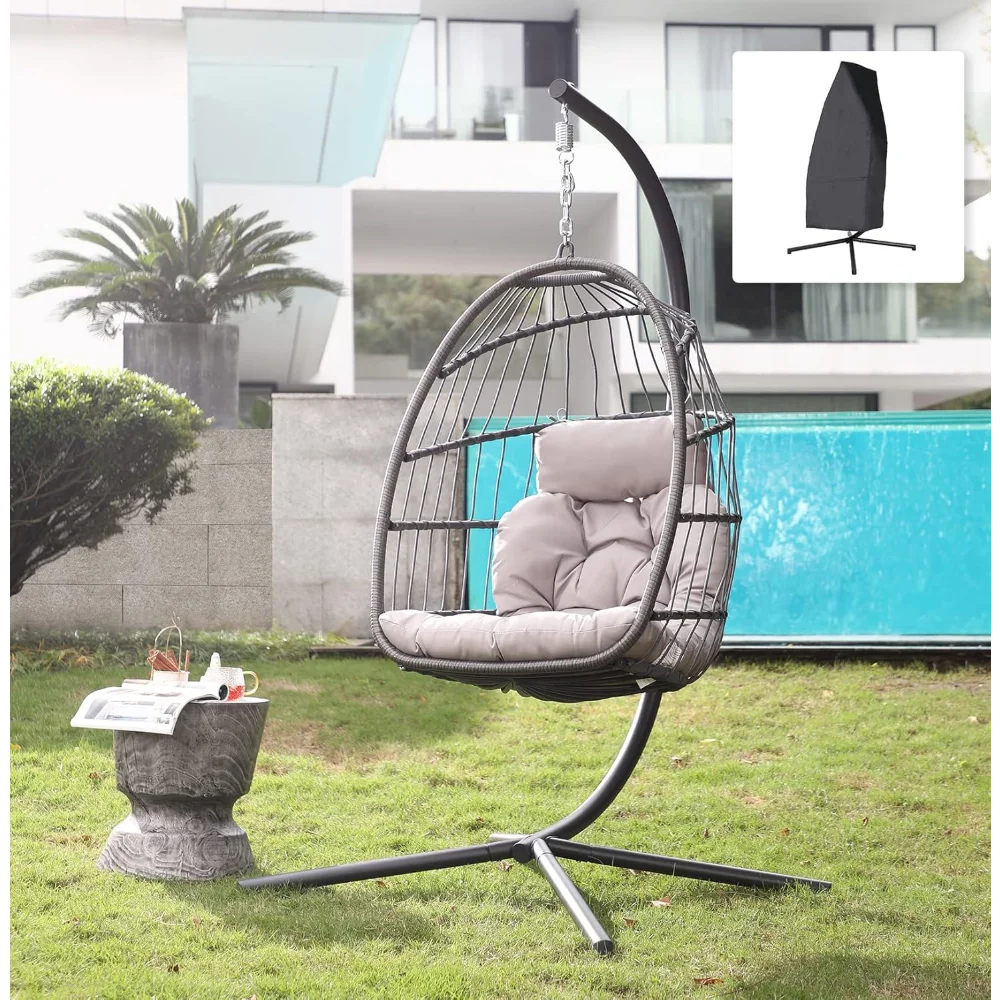 

Indoor Outdoor Egg Swing Chair with Stand, Patio Grey Wicker Rattan Hanging Chair with Rope Back, Cushion,Cover