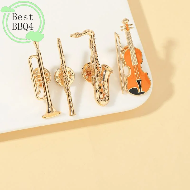 (BBQ4)1Pc Symphony Orchestra Badge Funny Musical Instruments Enamel Brooches Trumpet Clarinet Saxophone Violin Shaped Golden Pin