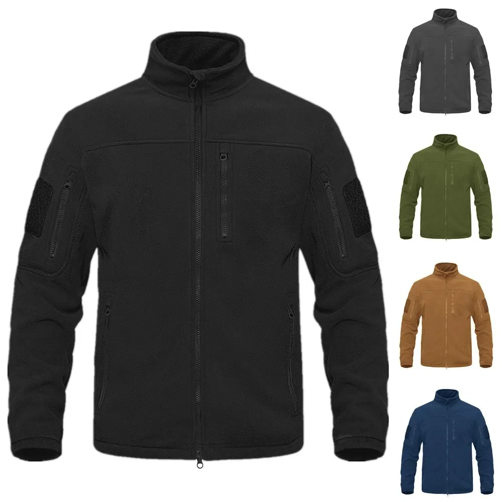 

Full Zip Up Tactical Green Fleece Jacket Thermal Warm Work Coats Mens Pockets Safari Jacket Hiking Outwear Windbreaker