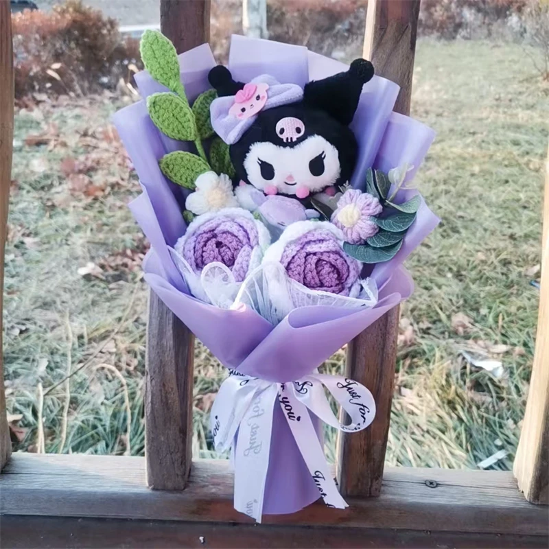 MINISO Kuromi Hello Kitty Cinnamoroll pluche boeket handgemaakt breiroos cadeau Valentijnsdag kerstvakantiecadeau