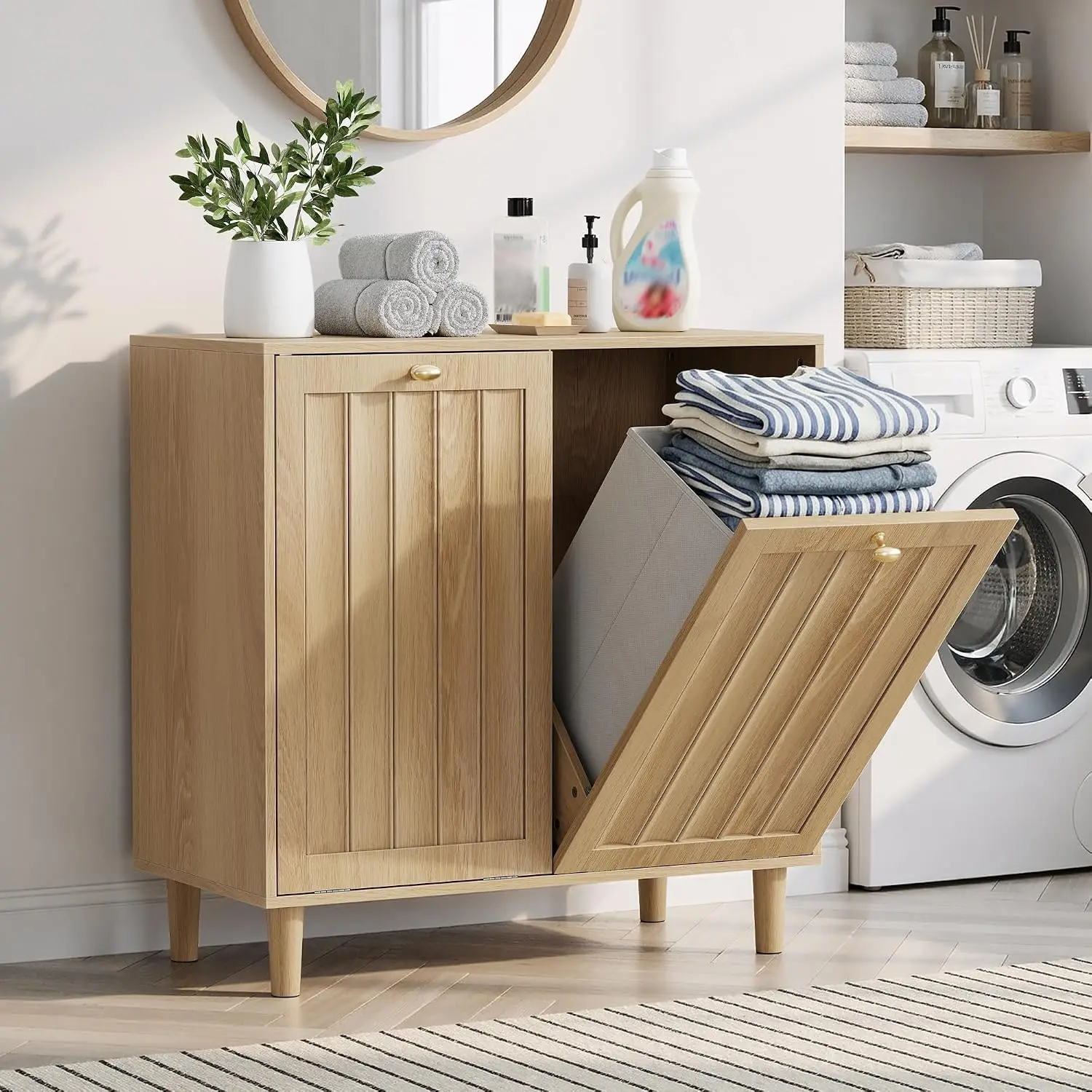Double Tilt Out Laundry Hamper Cabinet, 2 Removable Baskets, Vertical Slat Doors, Ventilated Laundry Storage, Customized