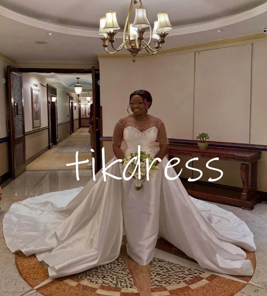 

Romantic African Wedding Dress With Detachbale Train Mermaid 2 In 1 Convertible Bridal Gown Beaded Plus Size Country Customized