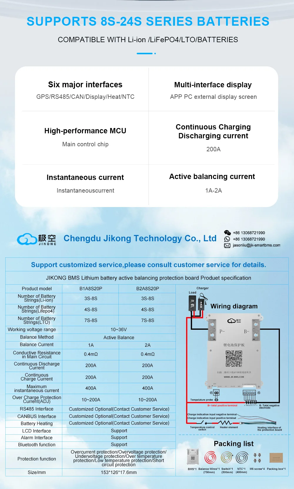 JIKONG BMS B1A8S20P Smart BMS 4S 5S 6S 7S 8S 12V 24V Batterie 200Ah mit 1A Aktivem Balancer für LifePO4 LTO LI-ION Batterie BMS – Detail 2