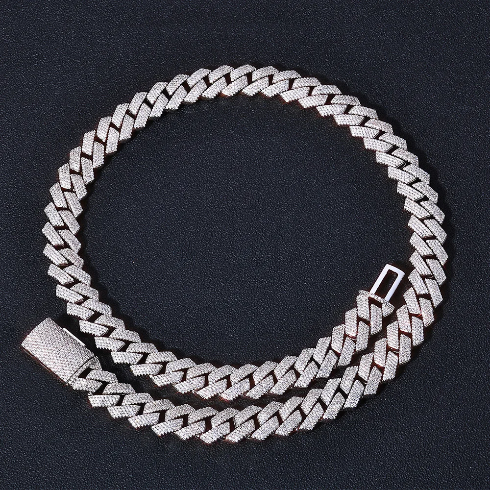VVS Moissanite .Brilliant Micro Pave Setting 15mm Cuban Link Chain 16-24 Inches 925 Sterling Silver 18K Real Gold Plated Mens