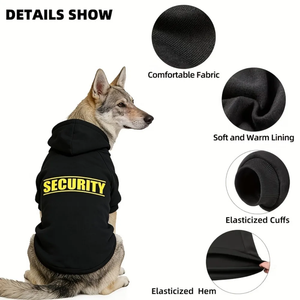 Pet Hoodie for Medium To Large Dogs | Classic Black with Yellow SECURITY Print, Fleece-Lined for Warmth and Breathability