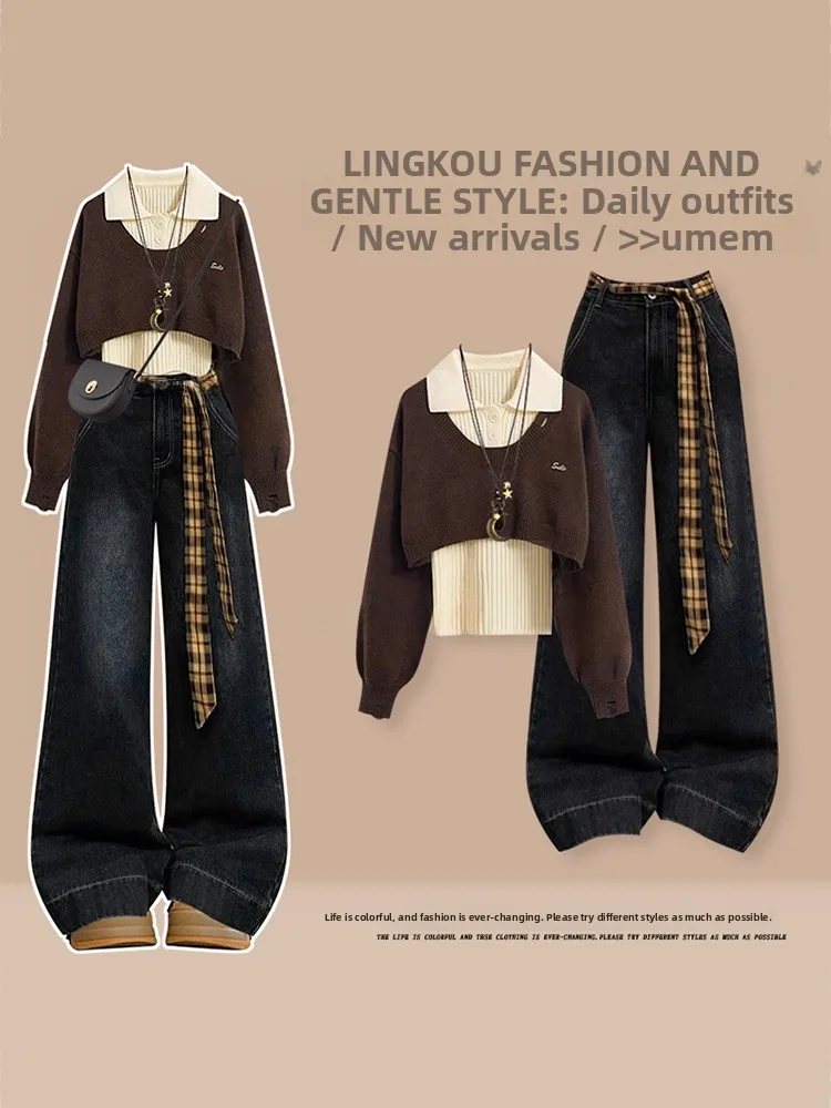 

Large Size Autumn College Style Women's Knitted Set Three Pieces Includes Vest Base Top And Retro Jeans Slimming And Youthful