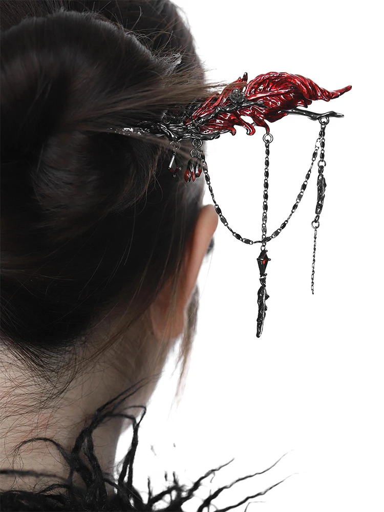 ZHUUHE Red Feather Hair Pins In Cyberpunk Style Are Party Gifts For Women Jewelry Accessories