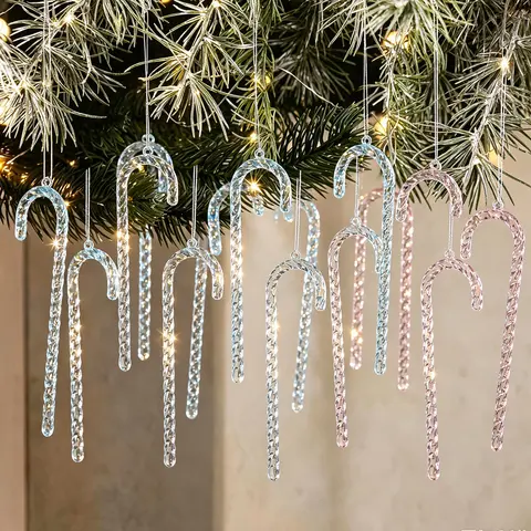 6/12/24Pcs 14cm Transparent Christmas Canes Ornaments Candy Cane Xmas Tree Hanging Pendants for Winter New Year Window Home Deco
