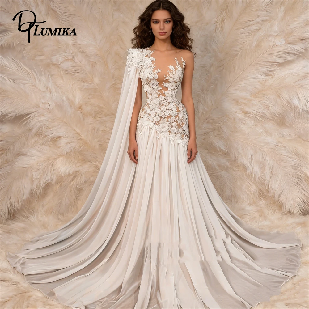 

Women's Ivory 3D Lace Wedding Dress One-Shoulder Cape Sleeve Illusion Bodice A-Line Chapel Train Bridal Gown