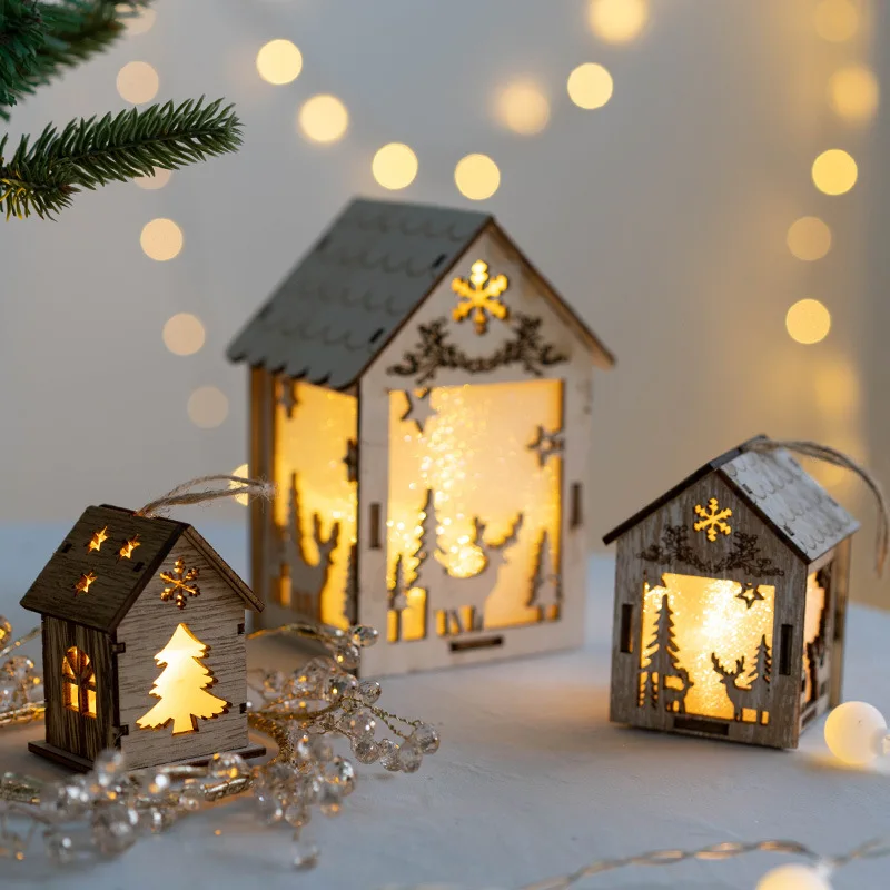 Festival Led Light Wood House Christmas Tree Decorations for Home Decoration Wooden Gift Window Decor ( include battery)3 LR1130