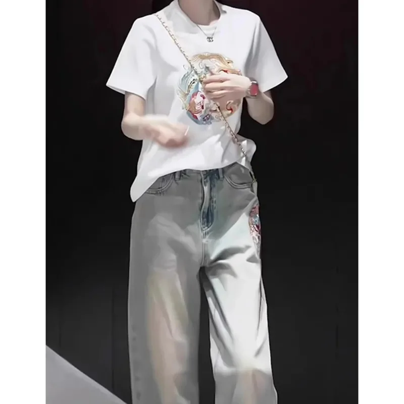 Heavy Industry Embroidered Short Sleeve Top+Pants 2024 New Women's Summer Fashion Versatile Women's Two Piece Set T-Shirt Jeans