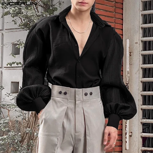 Imagen 2 del producto INCERUN Tops 2025 estilo coreano moda nuevos hombres textura Pit Stripe camisas Casual Simple sólido empalme burbuja Blusa de manga larga