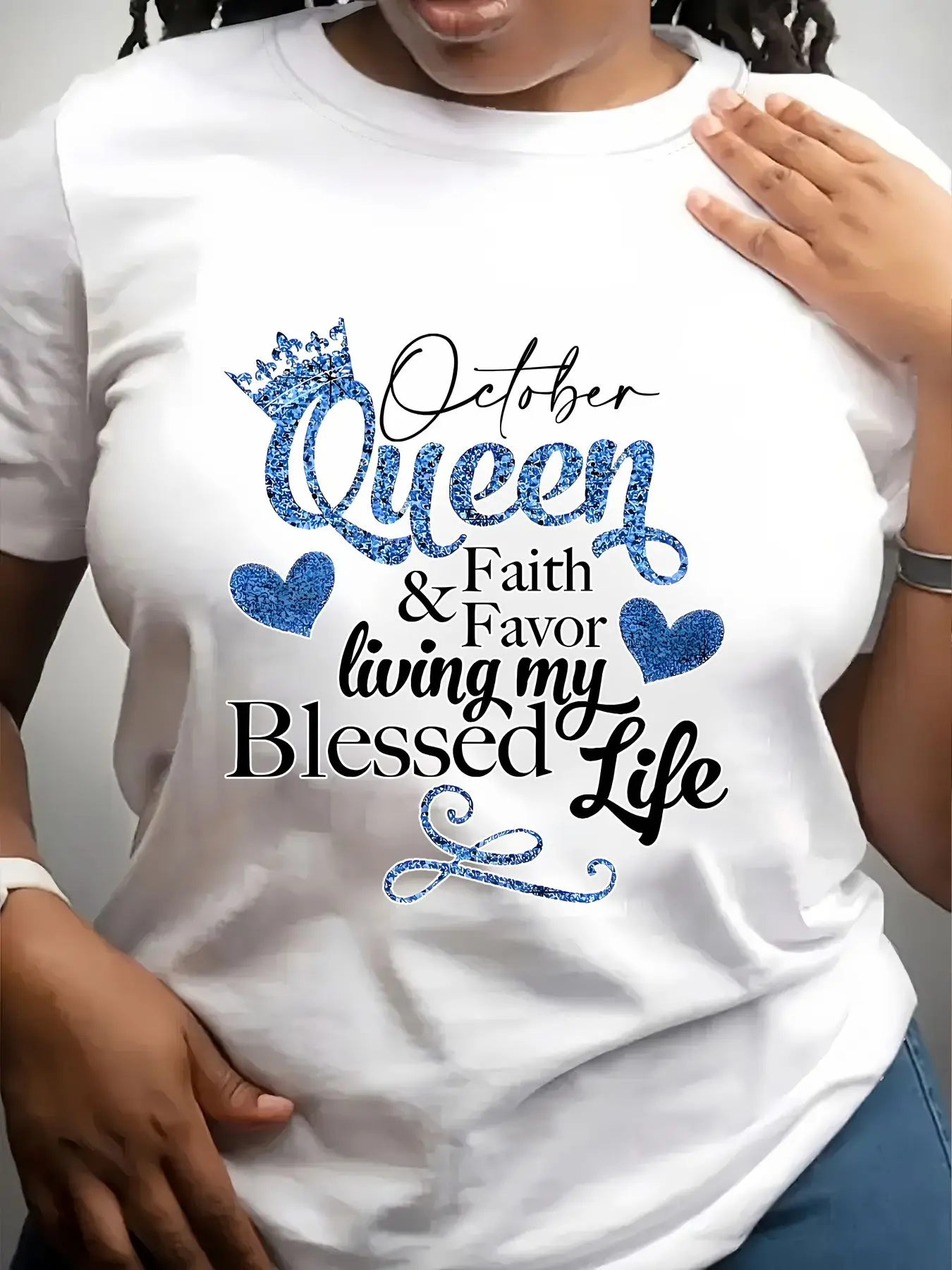 Women's Trendy Crew Neck T-Shirt October Queen Faith Favor Blessed Life Suitable for Casual Sportswear