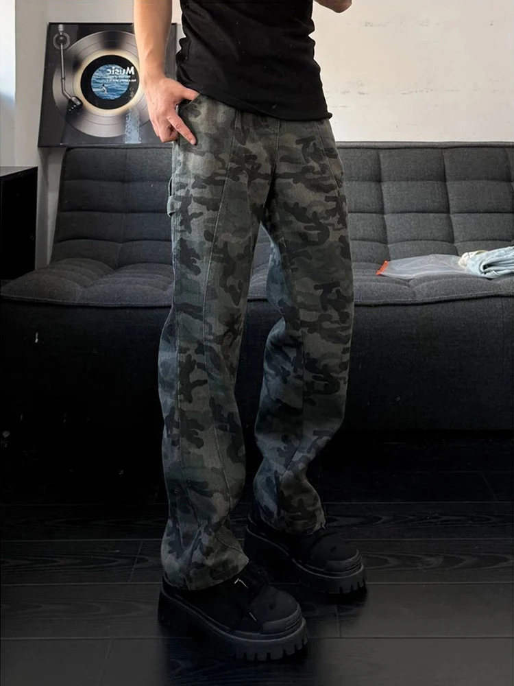 American Retro Camouflage Work Pants Men's Straight Leg High Street Jeans Autumn Season Youth Casual Faion Woout Design