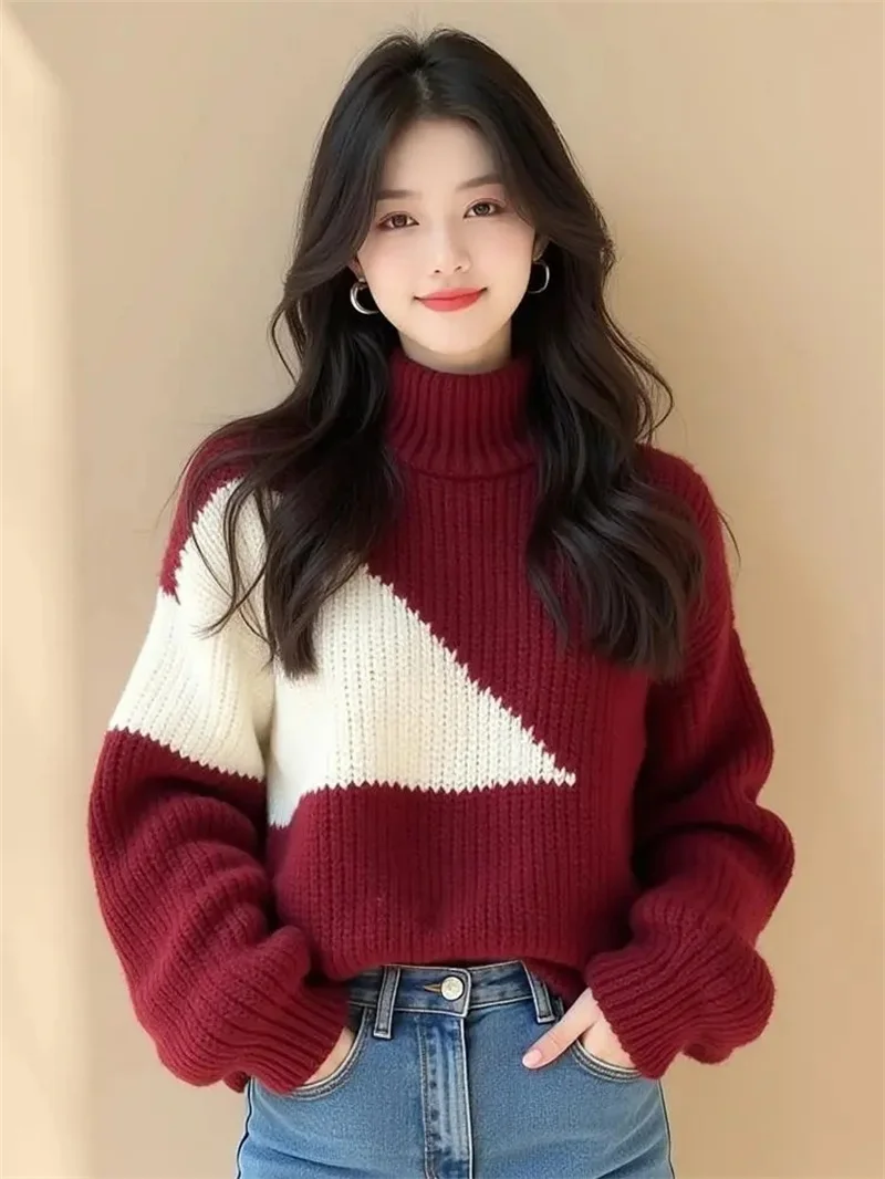 Wine Red Contrasting Irregular Thick Thread Sweater For Women 2025 New Autumn And Winter European Heavy Industry Unique Chic Top