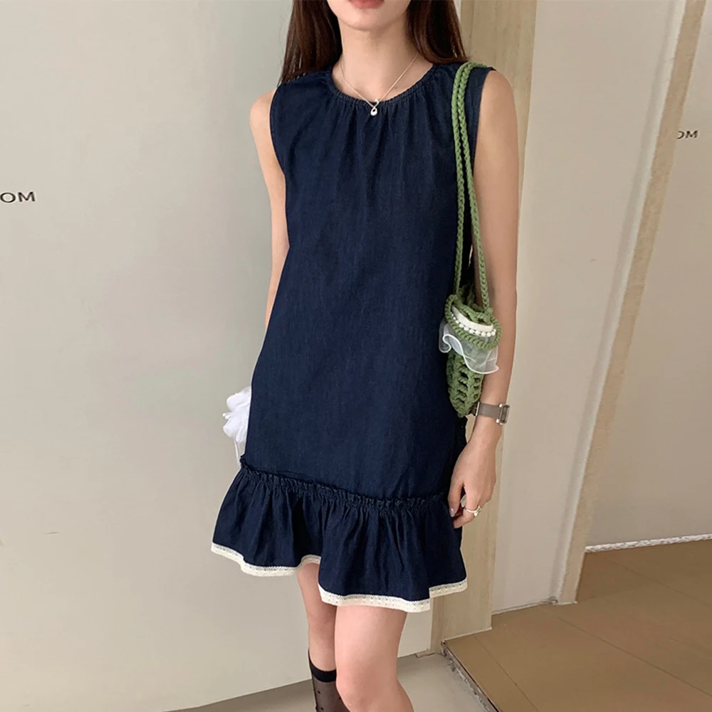 

Korean Color Blocked Loose Sleeveless Denim Dress Women's Summer New Lace Edge Design Cowboy Knee-length Round Collar Dresses