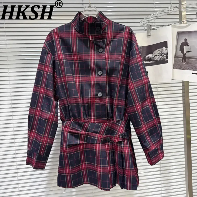 

HKSH Autumn New Women Jacket Stand Collar Waist Cinching Single Breasted Plaid Y2K Versatile Ins Chic Casual Trench Coat HK12135