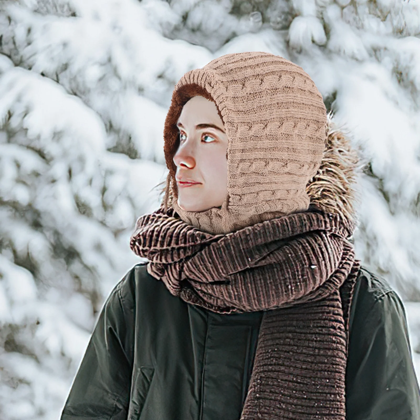 

Portable Khaki Winter Knitted Hat with Scarf for Men Women Outdoor Activities Warmth Neck Warmer Cap Scarf Hat