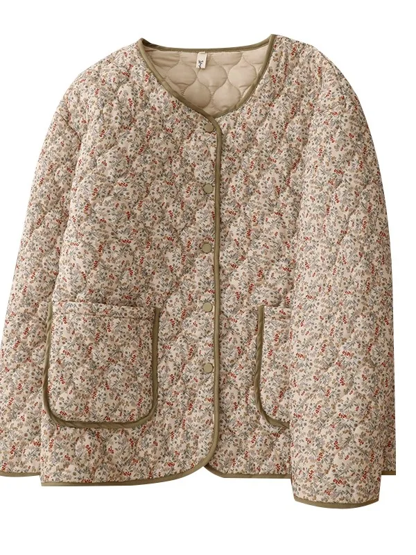 Chaqueta de Aodón con Cuello Redondo y Estampado Floral para Mujer, Ropa de Invierno, Rell de Aodón, Hoada, Adeaza...