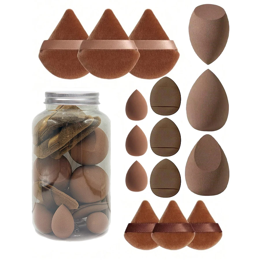 Conjunto de 15 esponjas de maquiagem com recipiente de armazenamento: 3 liquidificadores de beleza, 3 mini liquidificadores de beleza, 3 folhetos de pó, 3 mini puffs de pó,