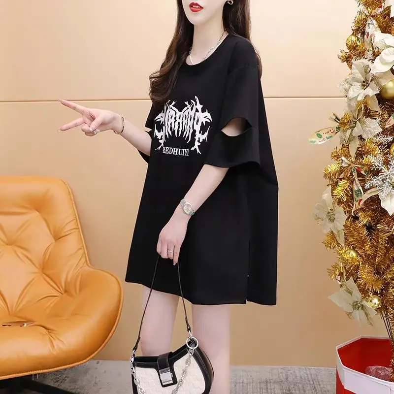 Fashion All-match Letter O-neck T-Shirt Summer Casual Printing Hollow Out Loose Irregular Top Tee Women Clothing Korean Tops