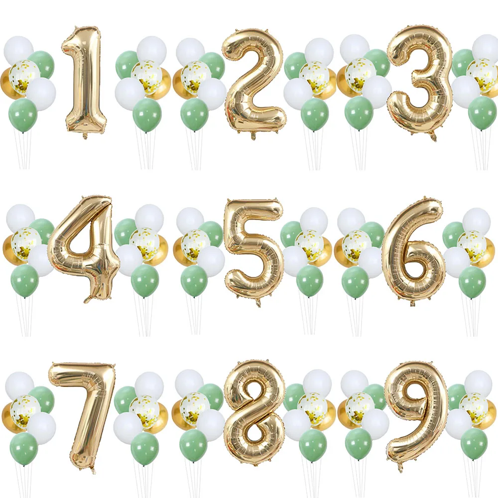 

14pcs Sage Green White Metal Gold Balloons Set 40inch Light Gold Number Balloon for Boy Girl Baby Shower Birthday Party Decors