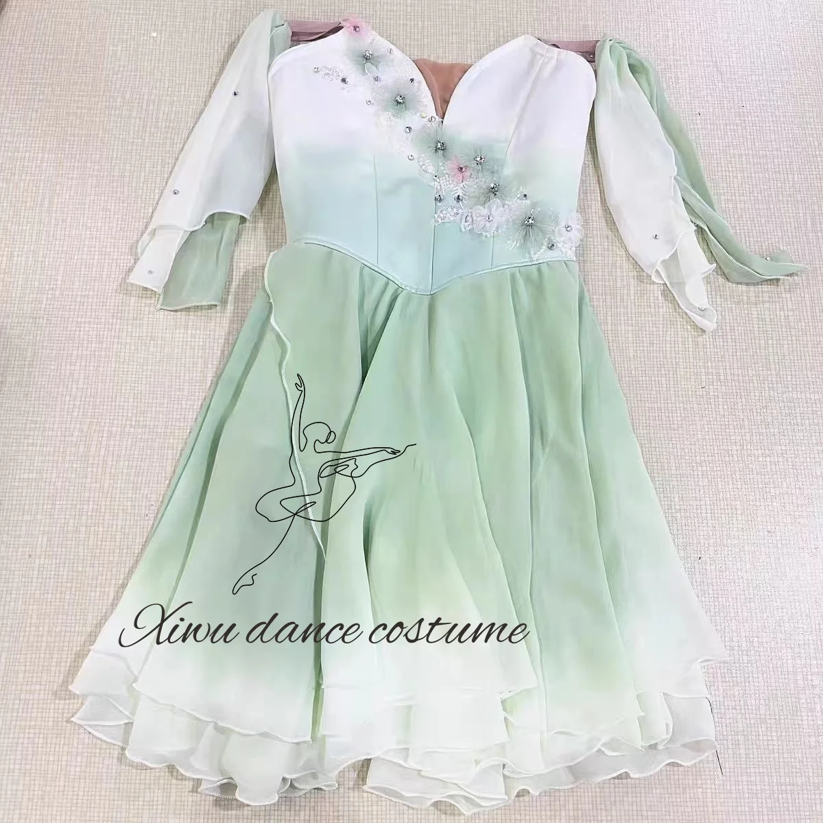 Graduation Ball Variations Ballet Dress Classic White Long Dress Blue Belt Bow Set Diamond Grand Swing Dress