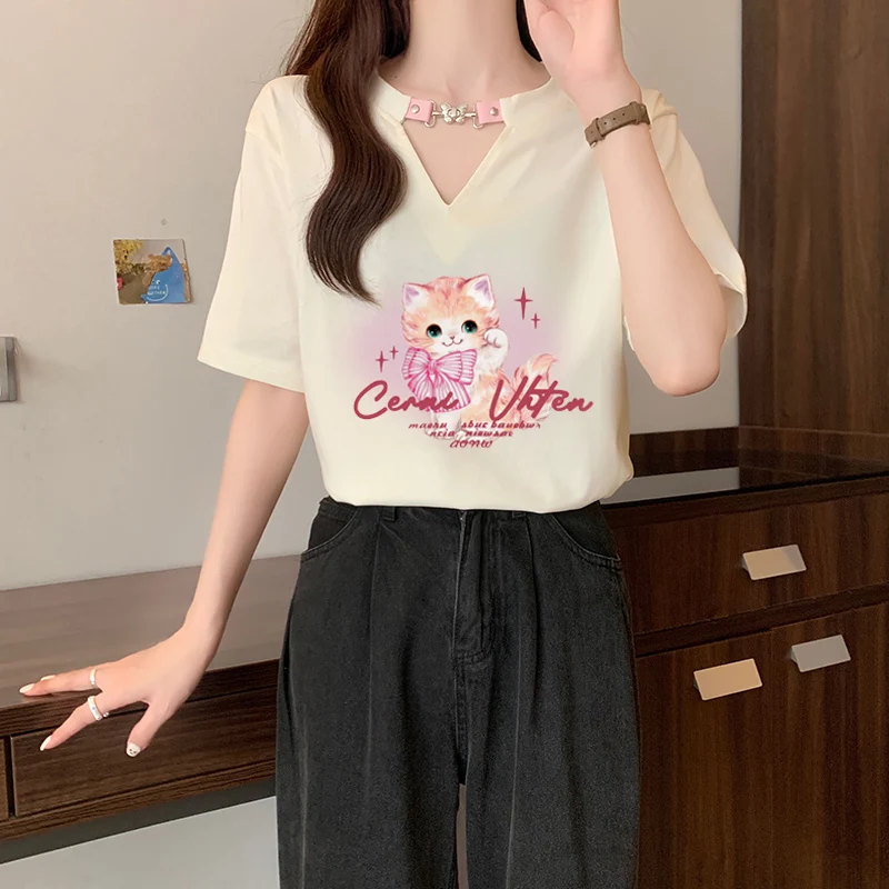 2024 Summer Ins Design Slim Short Sleeve Kitten Print T-shirt Women's Top Loose Mid-length Thin Women's Wear Ins Tees