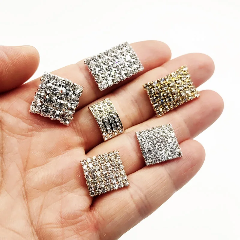 Silver Gold Rhinestone Square Rectangular Flatback Curved Glue on Costume Buttons Wedding Invitation Gift Ornament Fashion Acces
