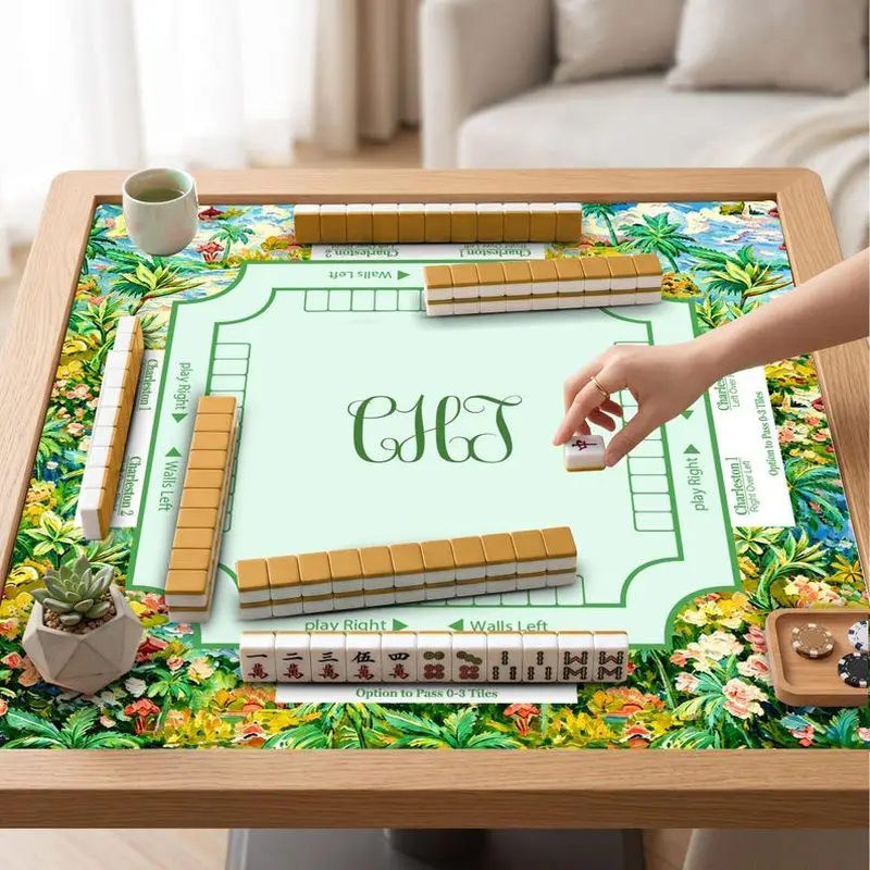 Tapete de Mahjong VIKAMA Verde Menta con Diseño Floral Tropical, Multizona, Antideslizante, para Vacaciones, Tapete de Mesa de Mahjong Americano