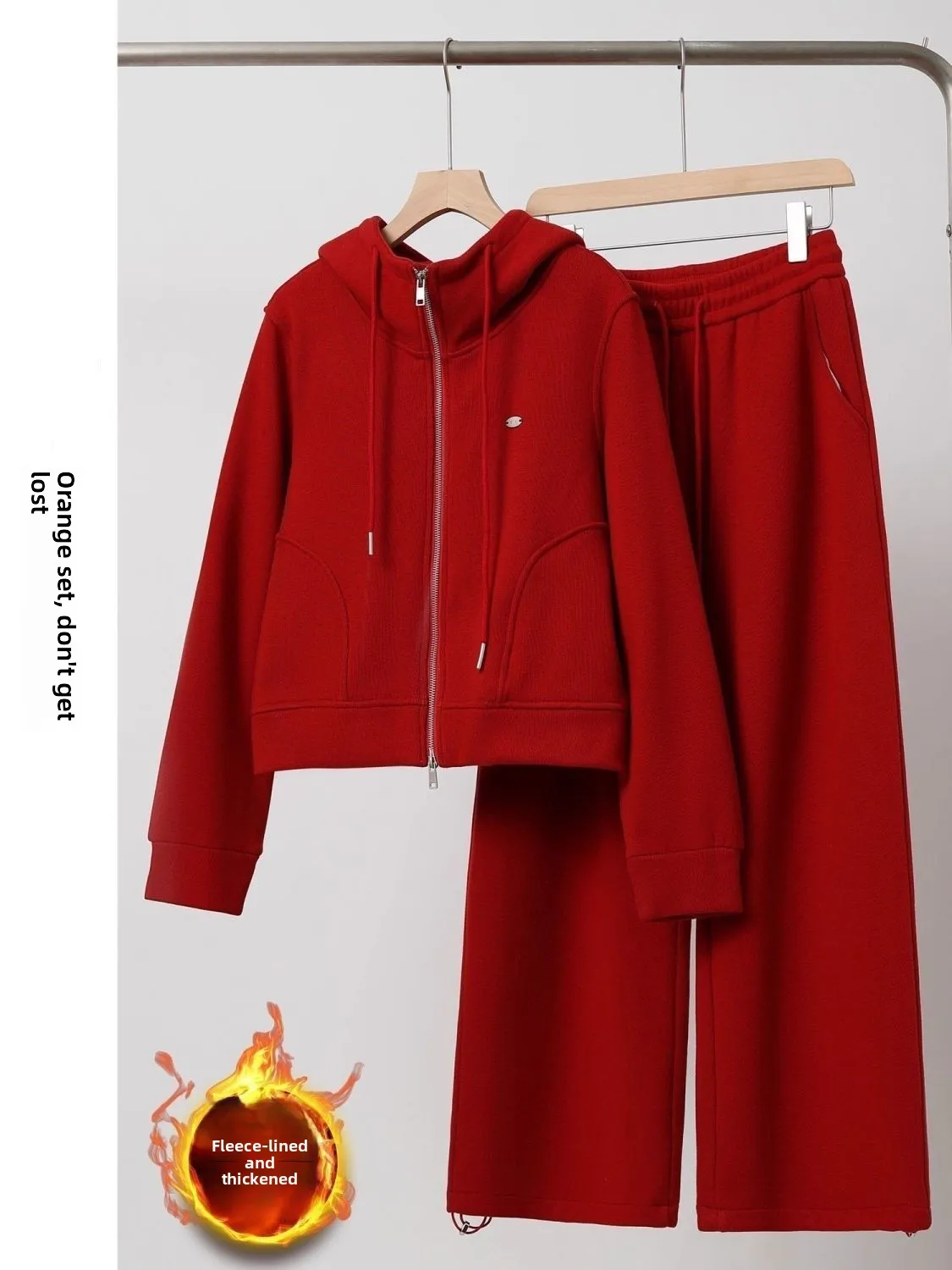 

Women's Sportswear Set Winter 2026 Red Fleece Lined Hoodie Wide Leg Pants Two Piece Suit New Year's Outfit High Waist Long Pants