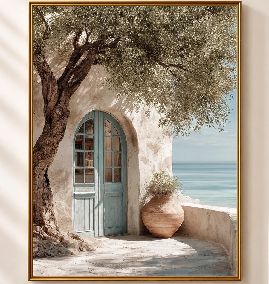 A print of a courtyard with olive trees on Santorini – Mediterranean-style blue door, coastal interior with sea view, no frame