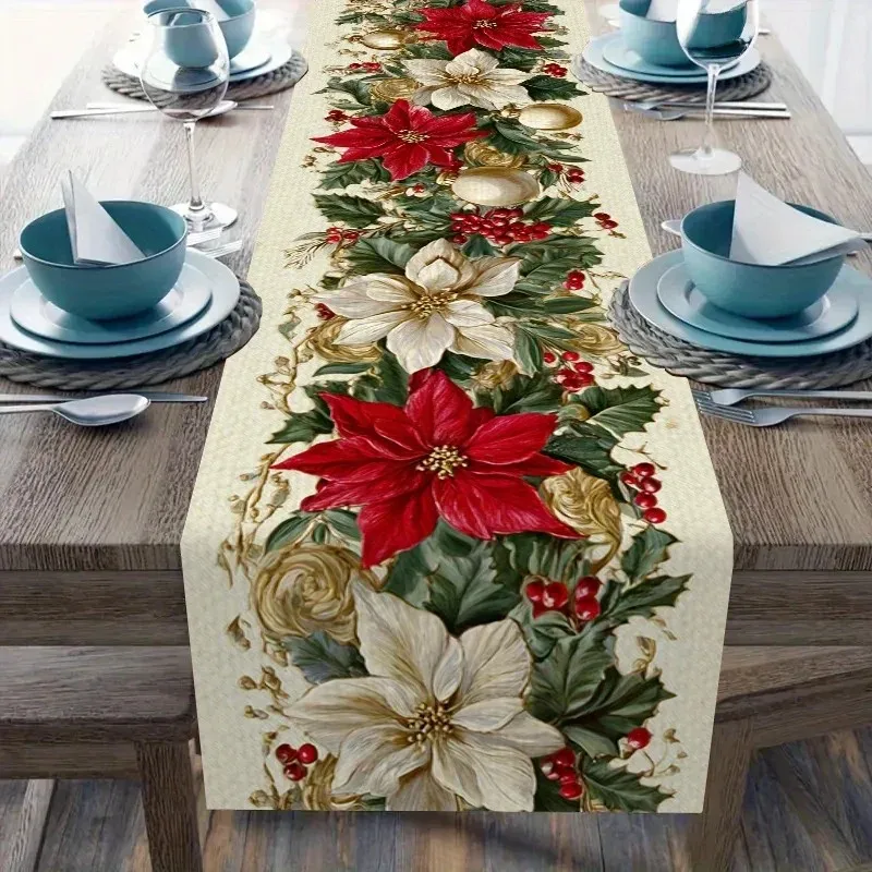 VIKAMA Weihnachts-Beeren-Tischläufer, maschinenwaschbar, Urlaubs-Fest-Tisch-Thema, Café, rustikaler Stil, Wohnzimmer-Dekoration