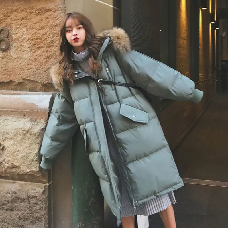 Korean Fashion Oversized Puffer Parka Women Fur Trim Hood Mid Length Big Pocket Thick Warm Winter Casual Female Clothes 2026