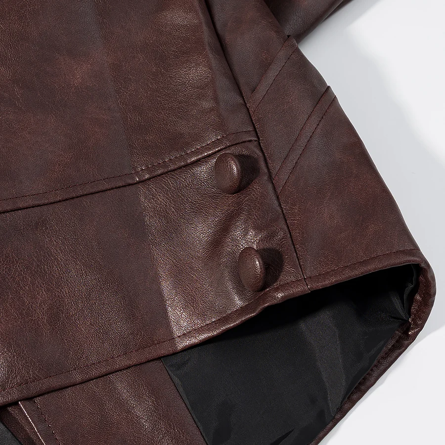 2025 الخريف الأمريكية الرجعية المرأة غسل البني بولي Leather سترة جلدية التلبيب 3 أزرار كم كامل معطف فضفاض قصير ملابس خارجية