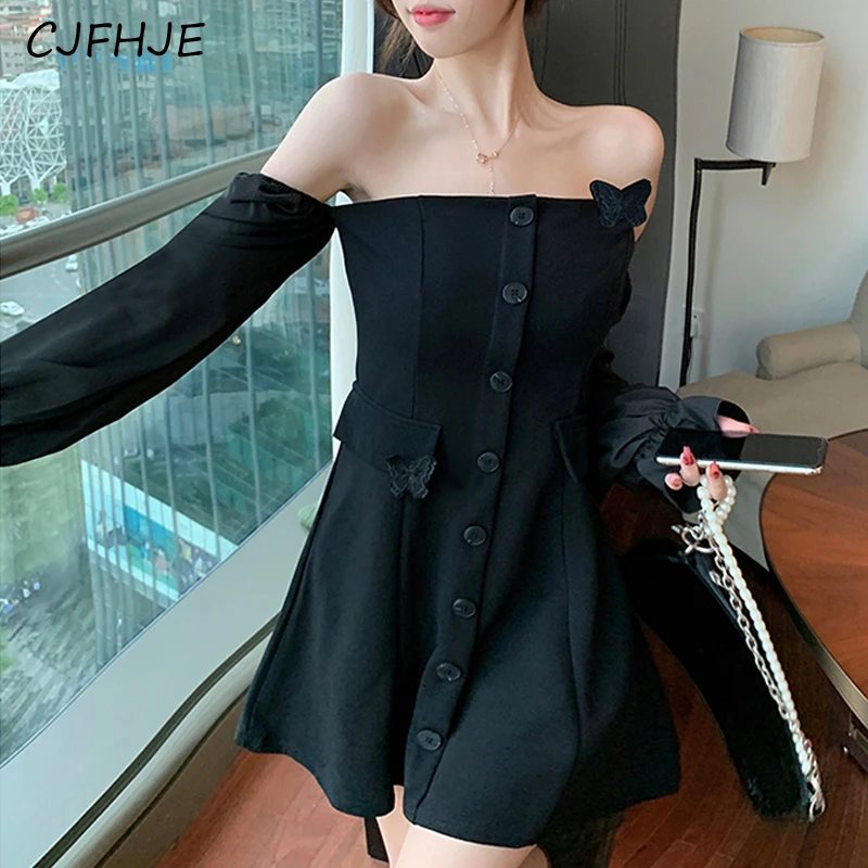 CJFHJE Sexy Off Shoulder Mini Dress Women Vintage Elegant Gothic Black Party Dress Korean Casual Strapless Chic Prom Y2K Dresses