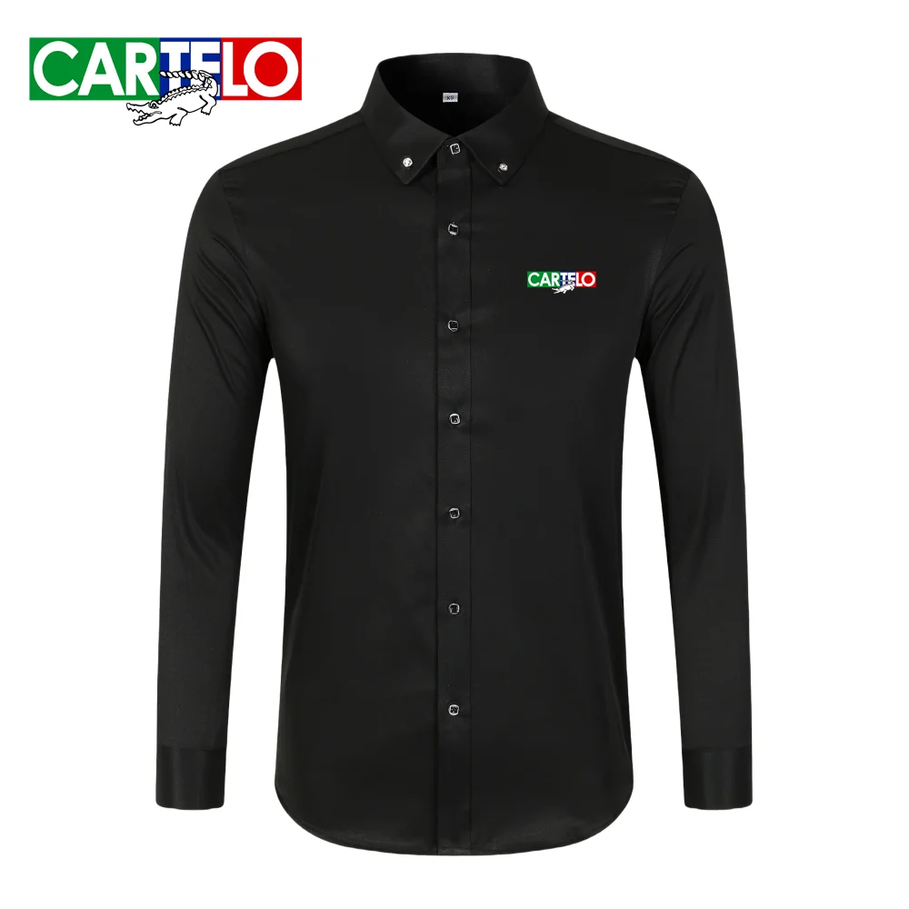 

New CAR TELO shirt men's casual Polo diamond button shirt printed long sleeved top, black and white professional shirt