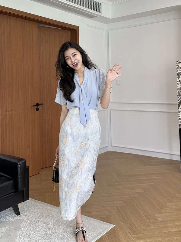 

Zhang a Xing Commute Ele V-ne Sa Blouse Skirt Set Women's Faion Spring Summer Polyester Fiber ort Sve
