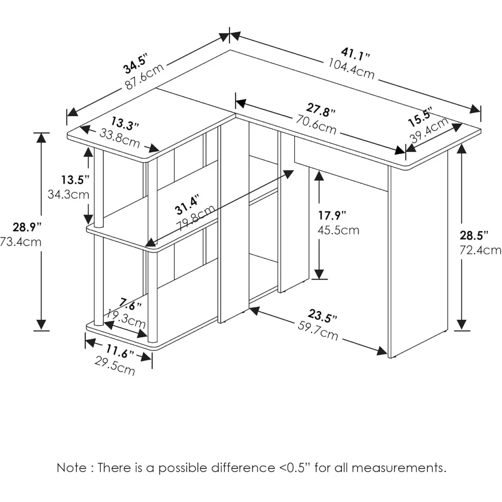 مكتب كمبيوتر زاوية على شكل حرف L مع رف كتب، رمادي/أسود من خشب البلوط الفرنسي - أثاث مكتبي موفر للمساحة #3