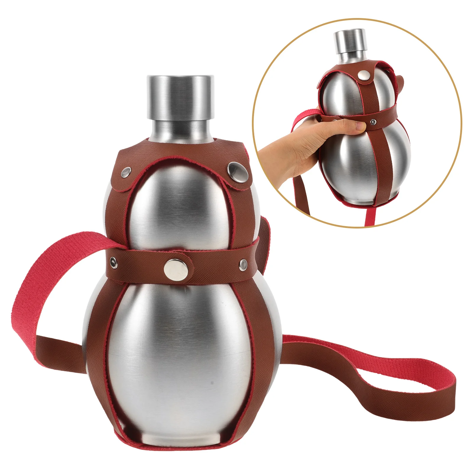

Thickened Stainless Steel Flask Shaped Water Bottle Brown Durable Outdoor Travel Canteen Leakproof Insulated Pouch Included