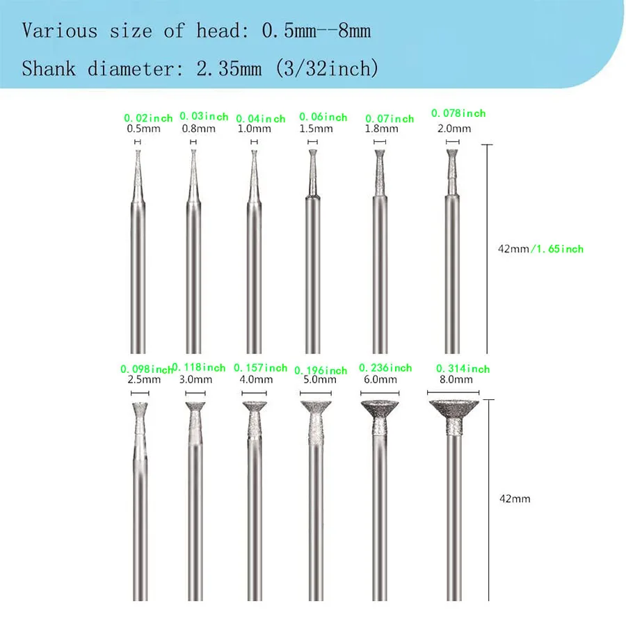 12Pcs Diamond Grinding Head Mounted Points 2.35mm Shank Spherical Concave Jade Carving Burrs for Dremel Rotary Tools