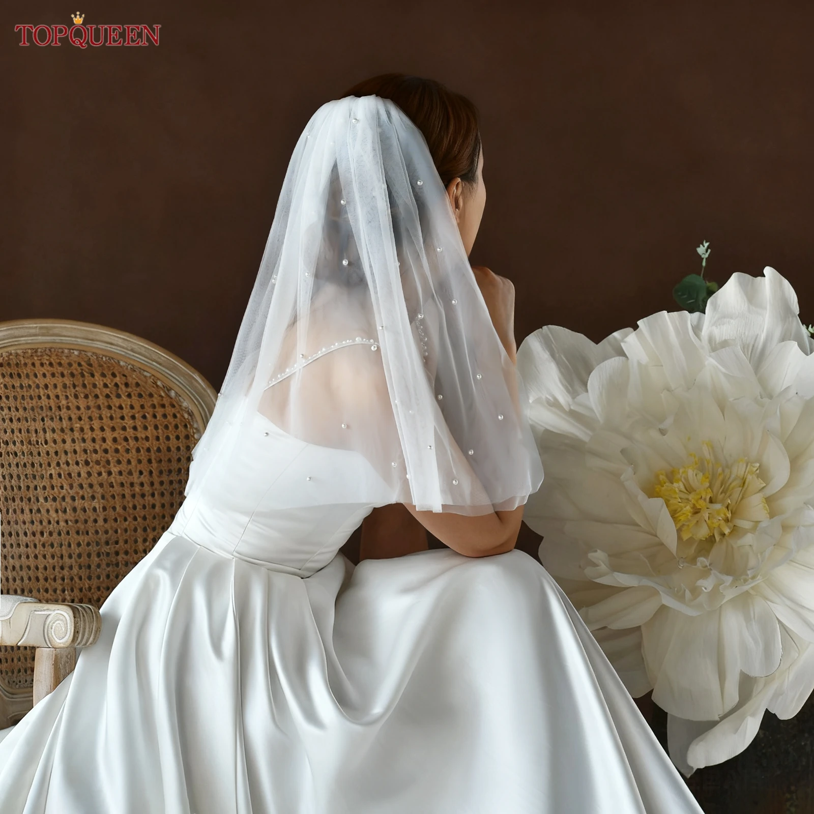 

TOPQUEEN M144 Короткая свадебная фата с жемчугом, подходит для одной вечеринки, вуаль длиной шаль, однослойная, Novio, настраиваемая