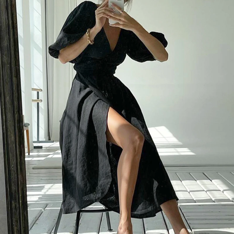 Summer V Neck Slim Long Wrap Dress Women Elegant Short Puff Sleeve A-Line Dresses Black Robe High Waist Sexy Midi Party Dress