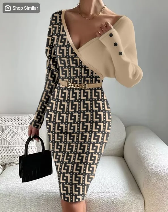Women\'s Spring Summer Long Sleeved Fashion Splicing Print High Neck Sexy Split Waist Tight Wrap Hip High Waist Mid Length Dress
