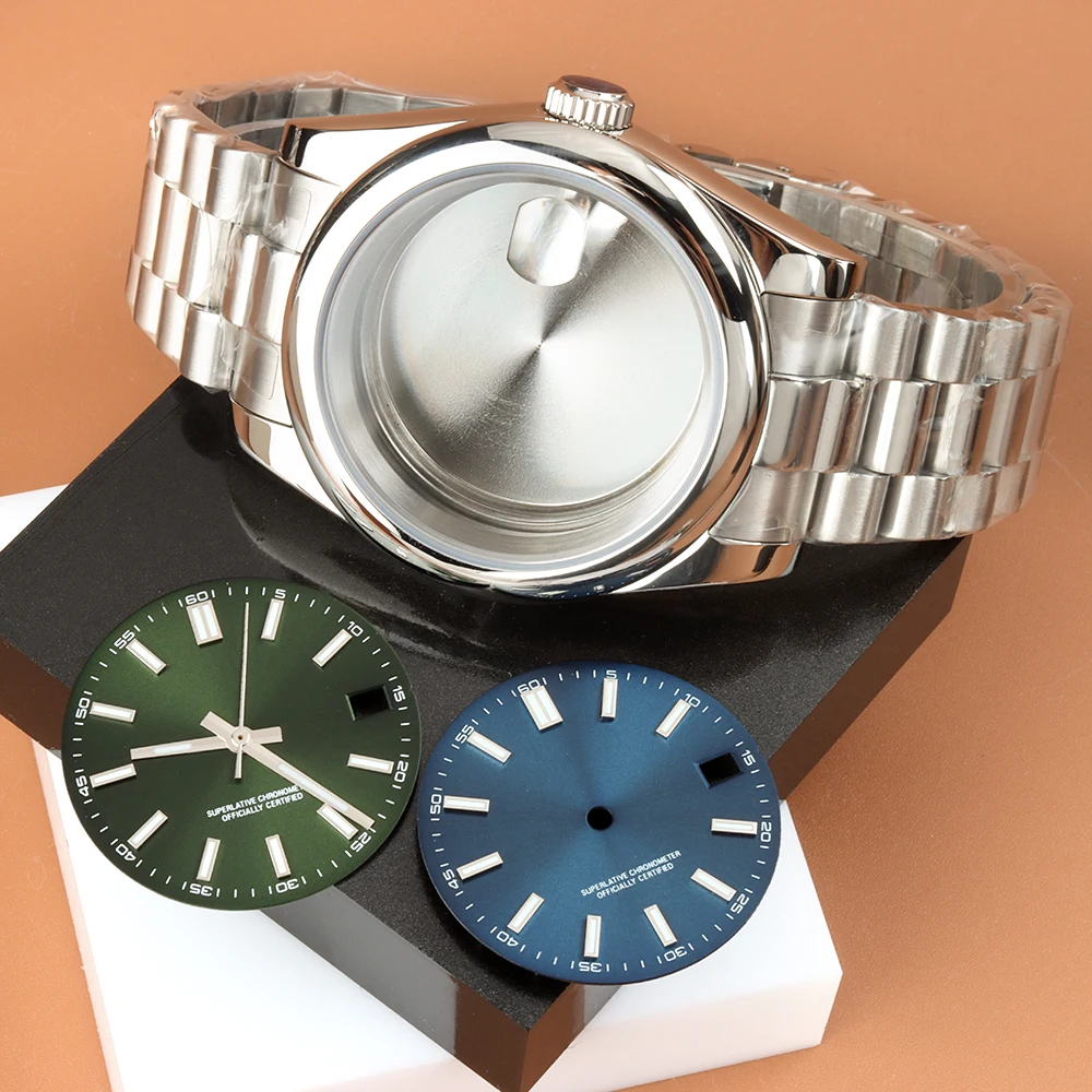 

NH35 Watch Case 36mm 39mm Presidential Strap With 28.5mm Dial Hands Set Blue Luminous For NH35 NH36 Movement Watch Accessories