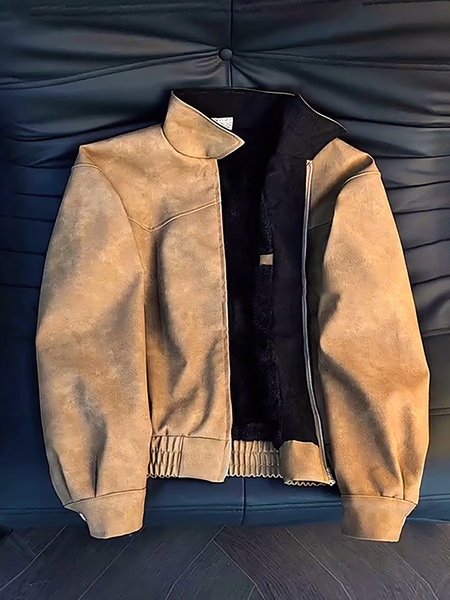 

Thiened Brown PU Leather Flight Jaet Cotton Workwear Coat Men's Winter Warm ort Sle Zipper Closure Color