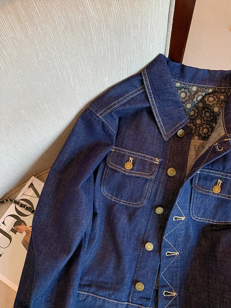 

Retro American Waed Splicing Deep Blue Denim Jaet Men Women Spring Autumn Trendy Casual Collar Design Leisure Top