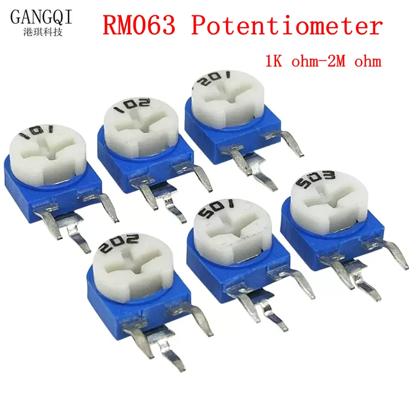 Potenciômetro variável do aparador do resistor, RM-063, RM-063, 100, 200, 500, 1K, 2K, 5K, 10K, 20K, 50K, 100K, 200K, 500K, 1M ohm, 20 PCes, Novo